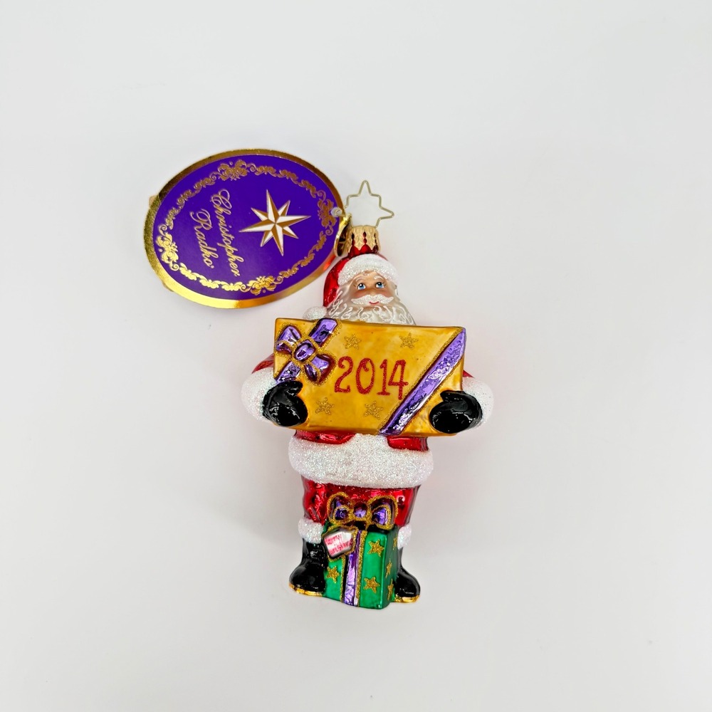 2014 Christopher Radko Santa Holding Gift, Christmas Tree Ornament 5" Tall